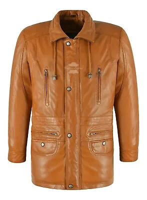 Men's Leather Car Coat Tan Soft Real Lambskin Leather 3/4 Classic Jacket G-300 • $124.50