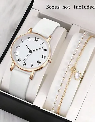 Watch And Bracelet Set Ladies Women Girls Fashion Leather Strap Wristwatch Gift • £7.30