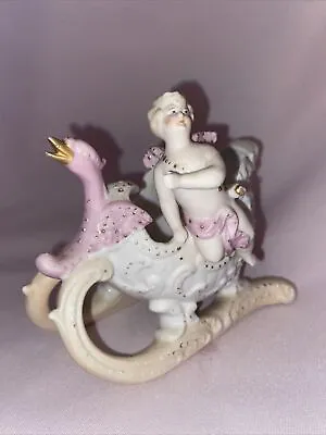 Vintage German Bisque Porcelain Cherub On Sleigh Figurine Planter Dragon Head • $40