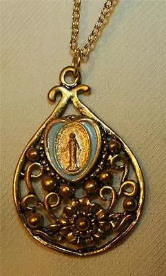 Lovely Swirled Lacy Goldtne Filigree Blue Finish Miraculous Heart Medal Necklace • $11.24