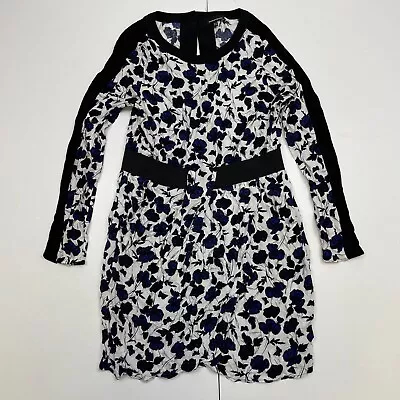 Warehouse Dress 14 White Blue Long Sleeve Round Neck Short Pockets Butterfly • £3.50