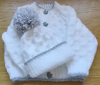 Babies Cardigan With Matching Bobble Hat New Hand Knitted 0-3 Months • £8.25