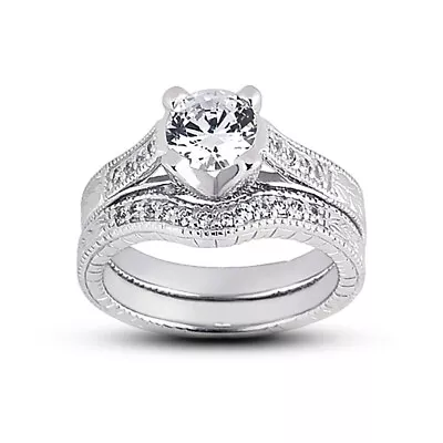 1.14ct F/SI2 Round Natural Diamonds 18k  Vintage Style Wedding Ring Set • $2732.40