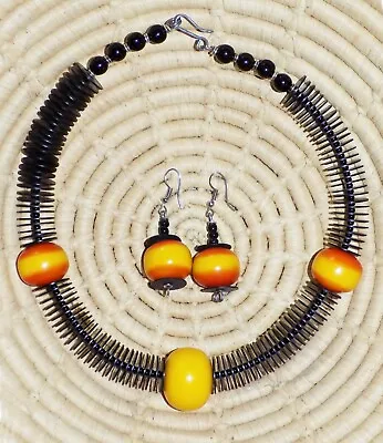 African Resin & Heishi Choker & Earrings Set Jnha13 • $15.97