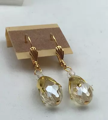 Fashion Earrings Faceted Crystal AB Pendant Gold Tone Pierced Drop NO OFFERS • $5