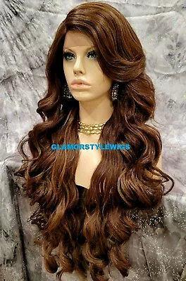 Lace Front Full Wig Extra Long Wavy Layered Side Part Brown Auburn Mix Heat Ok • $79.84