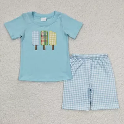 Little Boys Shorts Set Embroidery Popsicle Blue Shorts Boutique Outfit Summer • $24