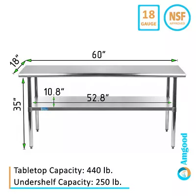 18  X 60  Stainless Steel Work Table With Galvanized Undershelf • $229.95