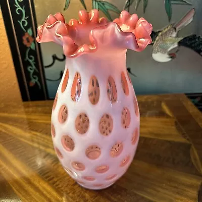 Vintage Cranberry Fenton Coin Dot Ruffled Vase 10  White To Pink • $58