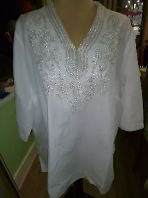 Womans Size 3x Maggie Barnes White Gold Brocade Neckline 3/4 Sleeve Tunic • $8.99