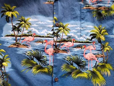 Vtg Pacific Legend Hawaii Shirt XL Blue With Pink Flamingos Made In Hawaii • $12.79