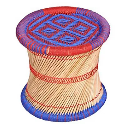 Handcraft Cane Bar Mudha Stool Outdoor Indoor Furnishing Color BLUE RED Vintage • $121