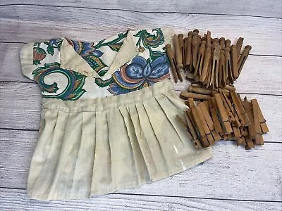 Vtg Clothes Pin Bag Handmade W/Lot Of 56 Antique Vintage Wooden Clothespins • $24.99