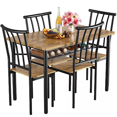 5PC Dining Table Set For 4 With Wine Rack Chairs Breakfast Kitchen Wood Metal  • $214.99