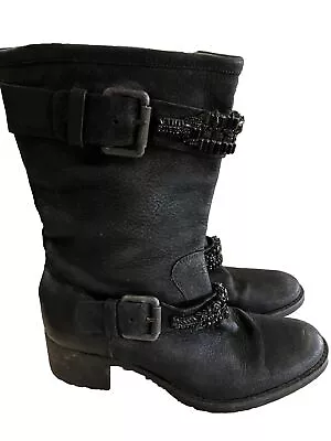 Vera Wang Lavender Moto Boots 8.5 Genuine Leather Mid Calf Jewel Buckle • $30