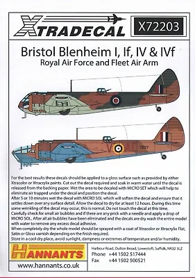 £8.99 • Buy Xtradecal X72203 NEW 1:72 Bristol Blenheim Mk.I / Mk.IF / Mk.IV Collection Pt.2