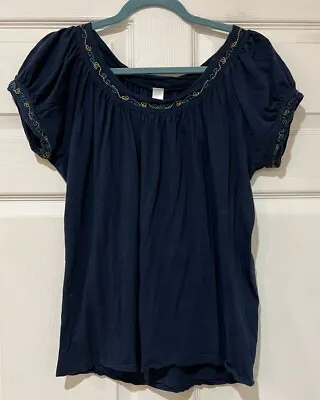 Merona Women's Size Large Navy Blue Embroidered Top Cap Sleeve Scoop Neck • $7.99