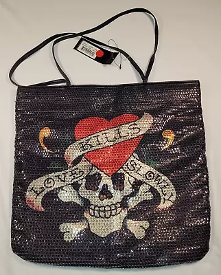 ED HARDY  LOVE KILLS SLOWLY Heart And Skull Sequin Black PU Leather Tote Bag NWD • $25