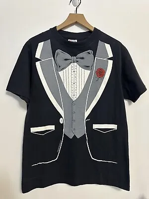 Hanes Beefy Vintage 80s Tuxedo T Shirt Black Suit Tie Men's Large Single Stitch • $12.99