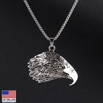 Men Stainless Steel Necklace Carved American Eagle Head Pendant 27  Chain 1293 • $6.99