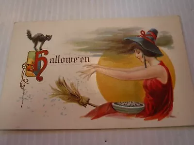 Antique Stecher #332a Halloween Postcard Divided Posted Embossed Witch Black Cat • $9.95