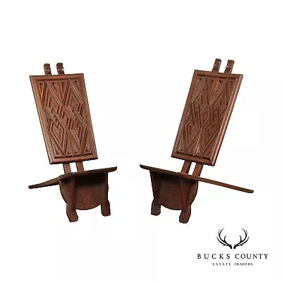 African Traditional Ceremonial Pair Mahogany Carved Folding Chairs • $1295