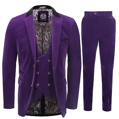 Mens 3 Piece Velvet Suit Purple Tailored Jacket Waistcoat Trousers Wedding Party • £199.99