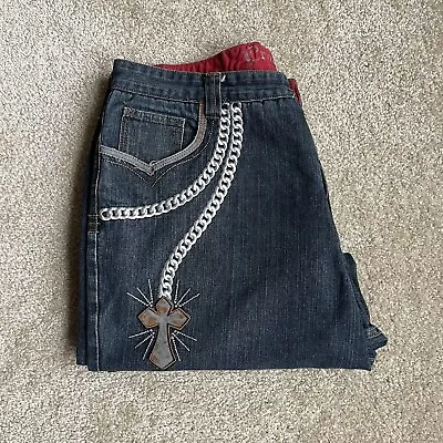 VTG Crown Holder Denim Mens Jeans Sz42 Cross Faded Embroidery Silver Chain Baggy • $22.99