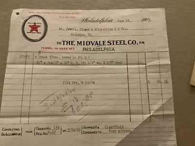 The Midvale Steele Co  Philadelphia PA 1904 Billhead To Mt Jewett Kinzua Ritervi • $6