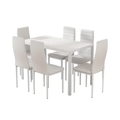 Artiss Dining Chairs Table Dining Set 7 PU Leather 6 Seater Chair Wooden White • $264.05