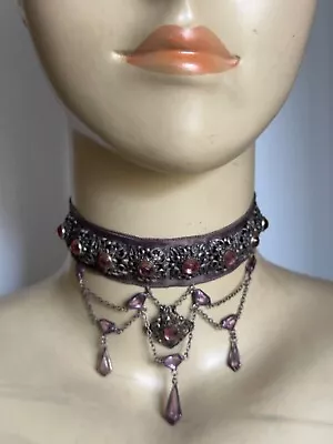 Stunning Antique Victorian Necklace - Chiseled Metal Amethyst Teardrop Stones • $219