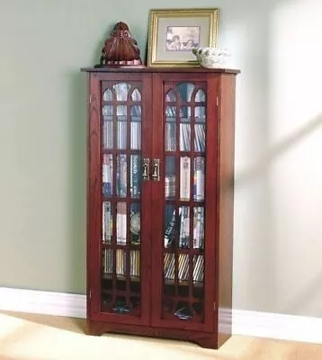 Cherry Finish Wooden Media Cabinet 6 Shelf CD DVD Storage Tower Glass Door Stand • $268.90