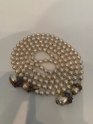 Sign Miriam Haskell Huge Hanging Pearls Baroque Blue Rhinestone Necklace Jewelry • $51