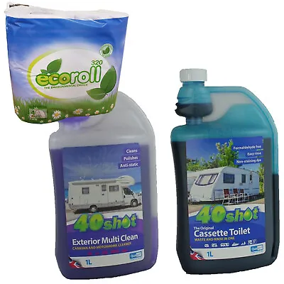 40 SHOT CASSETTE TOILET + EXTERIOR MULTI CLEAN + ECO ROLL Caravan Boat Motorhome • £20.49