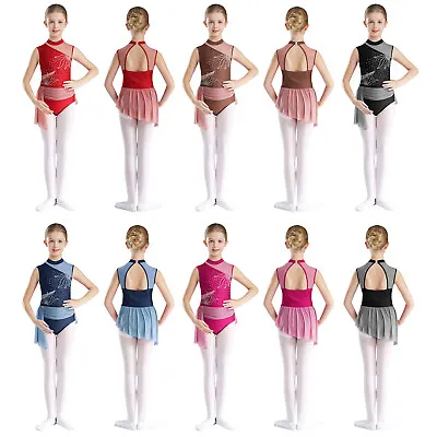 Kids Girls Dancewear Flowers Pattern Skirted Ballet Rhinestones Figure Skating • £16.37