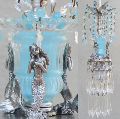 Mermaid Swag Lamp Chandelier Blue Glass Brass Silver Crystal Bead SeaScape • $299