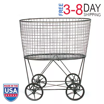 Vintage Iron Laundry Basket Storage W/ Wheels Open Design Neutral Black Finish • $92.59