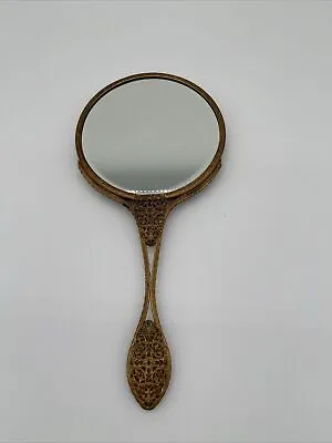 Vintage Brass Gilt Filigree Vanity Hand Mirror  Art Deco Green Velvet Back  11” • $22