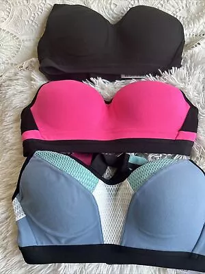 Lot Of 3 Victoria's Secret Sports Bra Womens 32C Racerback Yoga Blue Black Fichi • $48.08