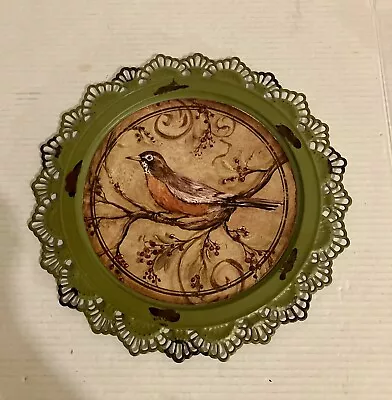 Robin Bird Floral Metal Wall Plaque Decor Openwork Metal Border Green Distressed • $16