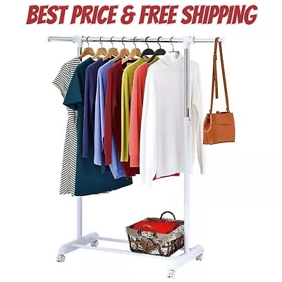 Clothing Rail Adjustable Height Wheels Rolling Garment Rack Metal Chrome White • $15.50