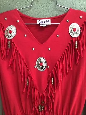 VTG SAS'SA SASSA Size S Red Knit CONCHO & FRINGE YOKE Western Cowgirl Dress • $29.99