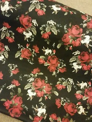 Classic Roses Flower Floral Cotton Jersey Stretch Fabric 60 Width Black/Red  • £5