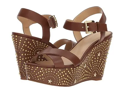 New $295 Michael Michael Kors Dark Caramel Sia Firework Star Detail Wedge Sandal • $117