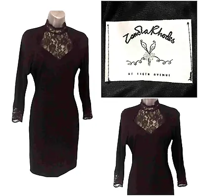 ZANDRA RHODES Little Black Dress Size 10 Jersey High Neck Lace Vintage Fifth Ave • $80.82