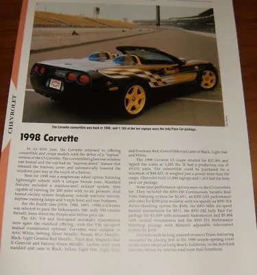 ★★1998 CHEVY CORVETTE PACE CAR SPECS INFO PHOTO C5 98 OFFICIAL INDY 500 C5★★ • $5.99