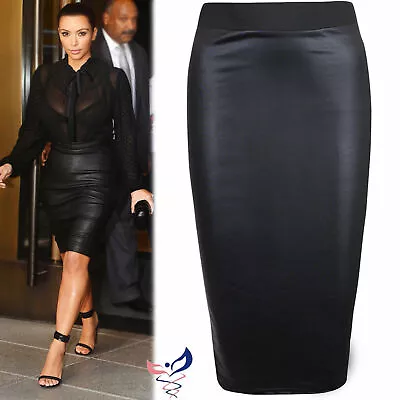 Women Ladies Plus Size Wet Look Faux Leather Pencil Stretch Midi Skirt 8 To 26 • £8.49