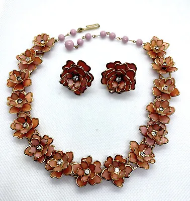 Vintage Peach Gold Rim Enamel Metal Rhinestone Floral Necklace Earring Set • $32