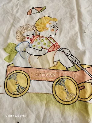 Embroidery Embroidered Linen Textile Coverlet Cottage Wall Hanging Vintage Kids • $18