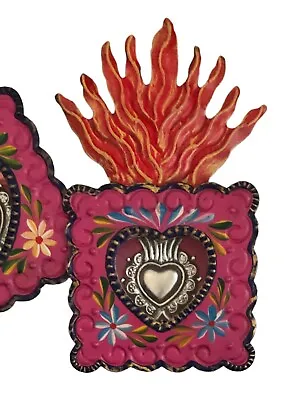 SACRED HEART MILAGRO Frame Painted Tin Nicho Mexican Milagro Heart • $34